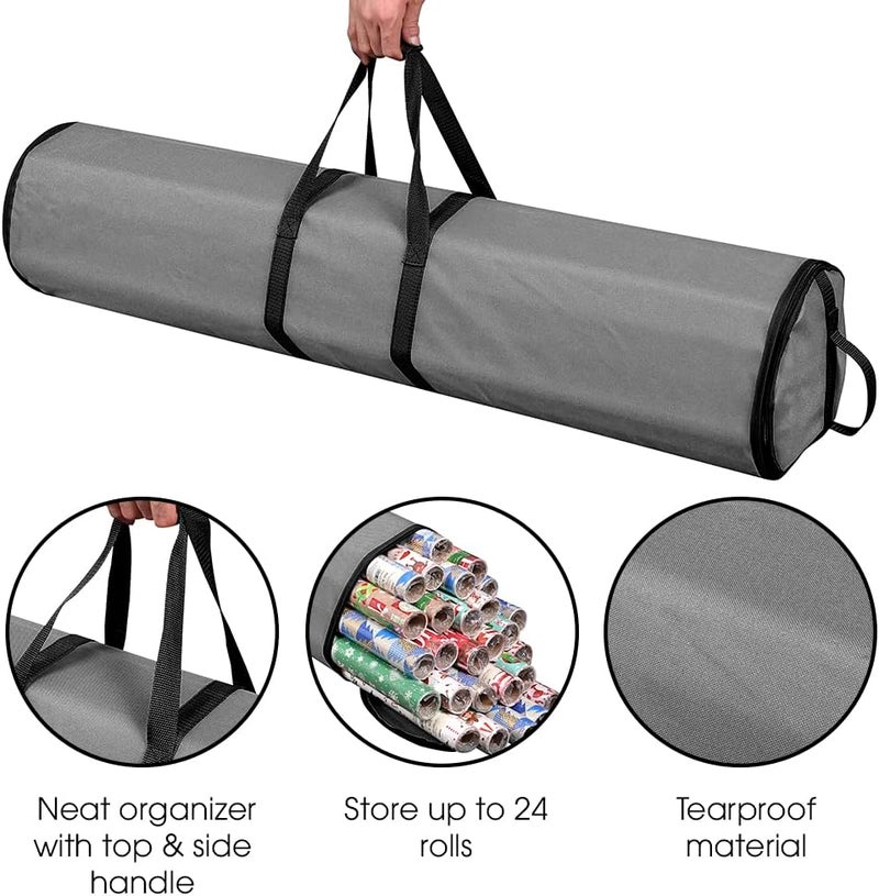 ProPik Wrapping Paper Storage Bag | Gift Wrap Holder Organizer | 2 Pack Store Up to 48 Rolls 40 Inch Long | Heavy Duty 600D Oxford Material Holiday Container | Top & side handles (Gray) - Image 2
